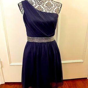 Max & Cleo, size 6, navy chiffon one shoulder cocktail dress.
